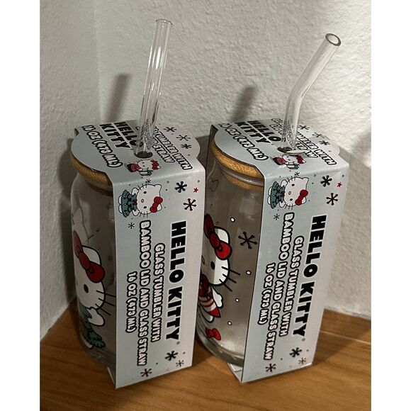 BUNDLE DEAL! Hello Kitty Glass Tumbler with Bamboo Lid and Glass Straw 16oz. - Picture 2 of 4